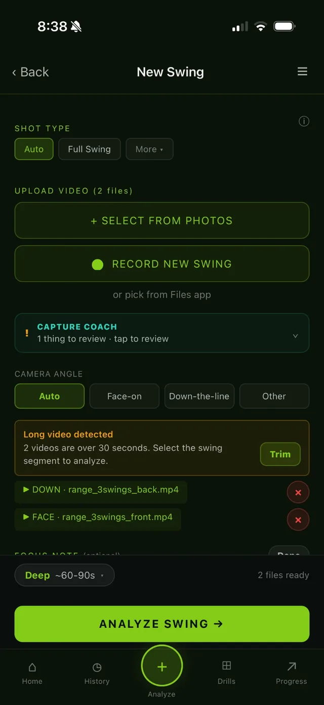 Starting a new swing analysis, with down-the-line and face-on videos ready to upload.