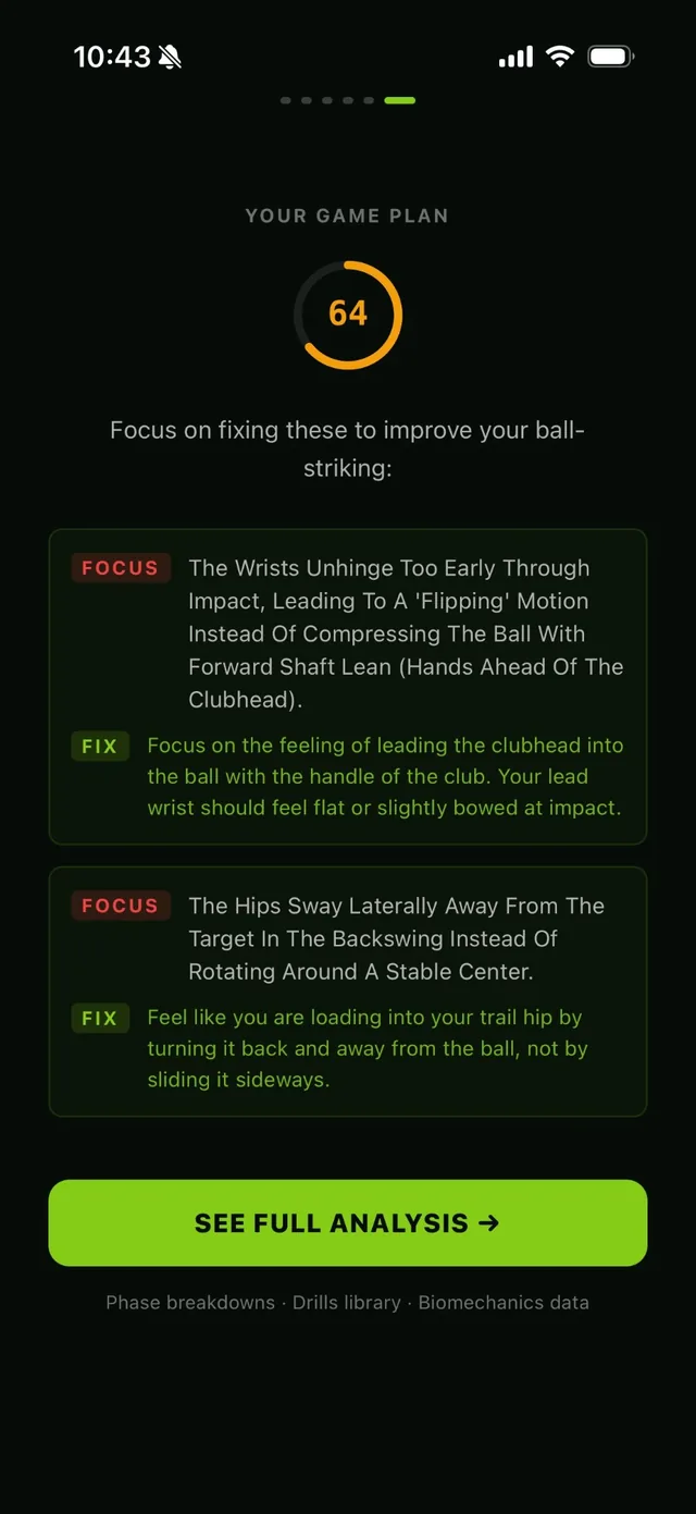 A swing scored out of 100, with the two things to work on and a specific fix for each.